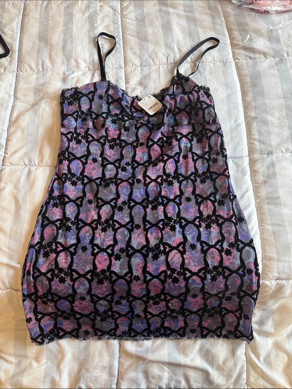 Free People Sheer Black Flocked Overlay Slip with Purple-Pink-Blue Underlayer